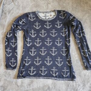 Caroline Grace Nautical Cotton Cashmere Sweater Sz Small Navy Anchor Longsleeve